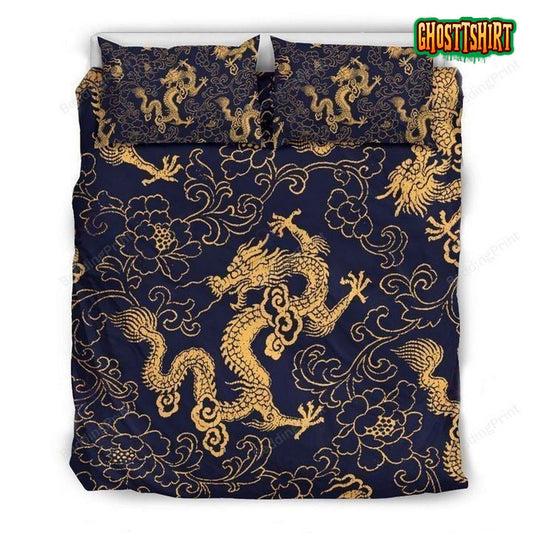 Gold Japanese Dragon Bed Sheets Duvet Cover Bedding Set