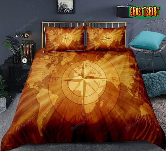 Gold World Map Compass Bed Sheets Duvet Cover Bedding Set