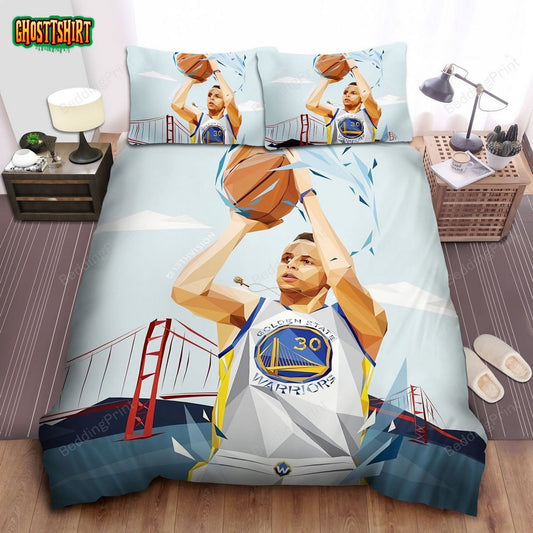Golden State Warriors Stephen Curry 3 Point Shot Illustration Bed Sheet Duvet Cover Bedding Set