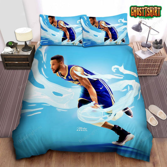 Golden State Warriors Stephen Curry Dribbling Digital Art Bed Sheet Duvet Cover Bedding Set