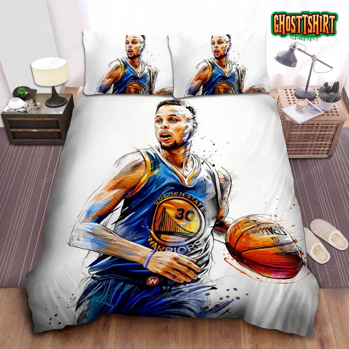 Golden State Warriors Stephen Curry Epic Moment Illustration Bed Sheet Duvet Cover Bedding Set
