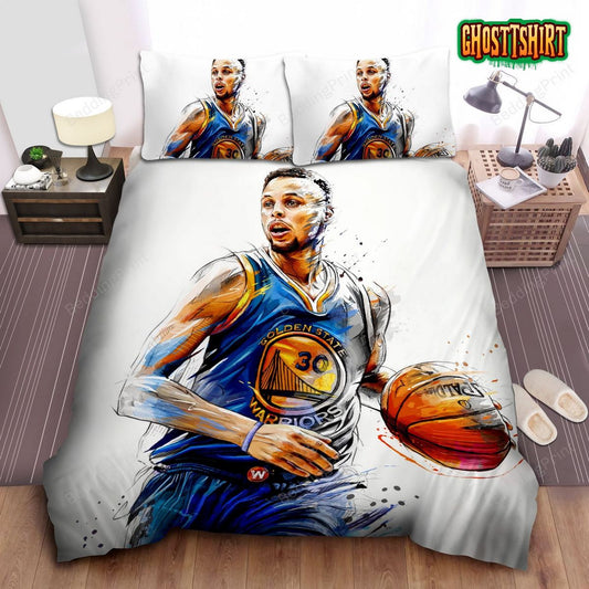 Golden State Warriors Stephen Curry Epic Moment Illustration Bed Sheet Duvet Cover Bedding Set