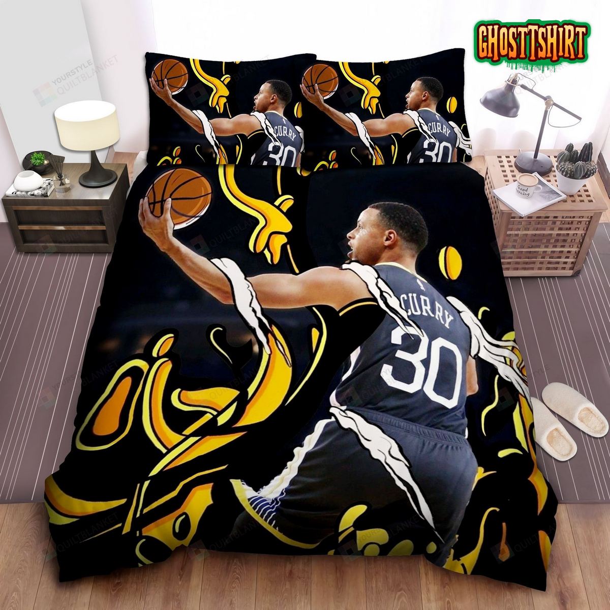 Golden State Warriors Stephen Curry Layup Illustration Bed Sheet Duvet Cover Bedding Set