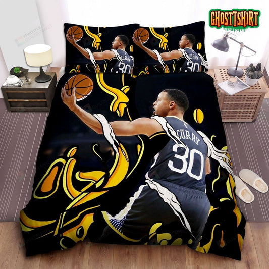 Golden State Warriors Stephen Curry Layup Illustration Bed Sheet Duvet Cover Bedding Set