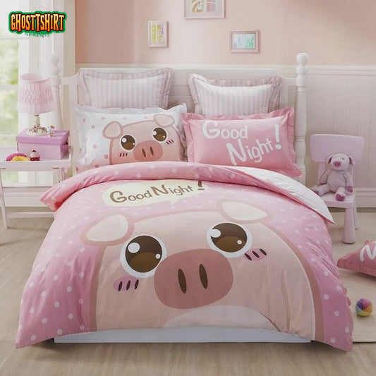 Good Night Cute Pig Bed Sheets Duvet Cover Bedding Set