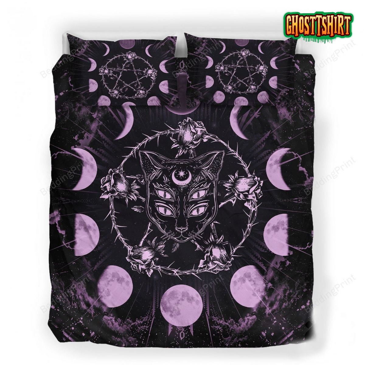 Gothic Black Cat Four Eyes And Roses Pentagram Bed Sheets Duvet Cover Bedding Set