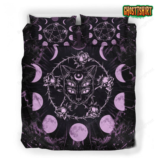 Gothic Black Cat Four Eyes And Roses Pentagram Bed Sheets Duvet Cover Bedding Set