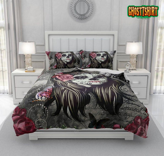 Gray And Deep Red Sugar Skull Bed Sheets Duvet Cover Bedding Set