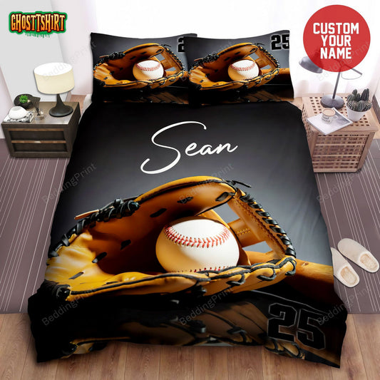 Gray Baseball Glove And Ball Personalized Custom Name Duvet Cover Bedding Set