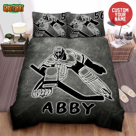 Gray Hockey Goalie Player Personalized Custom Name Duvet Cover Bedding Set