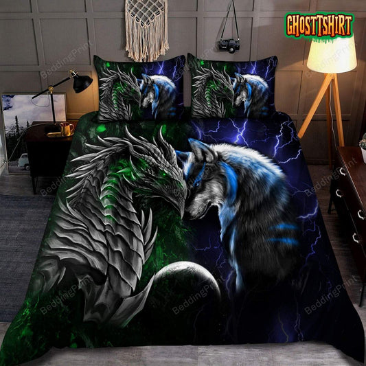 Green And Blue Dragon And Wolf Bed Sheets Spread Duvet Cover Bedding Set