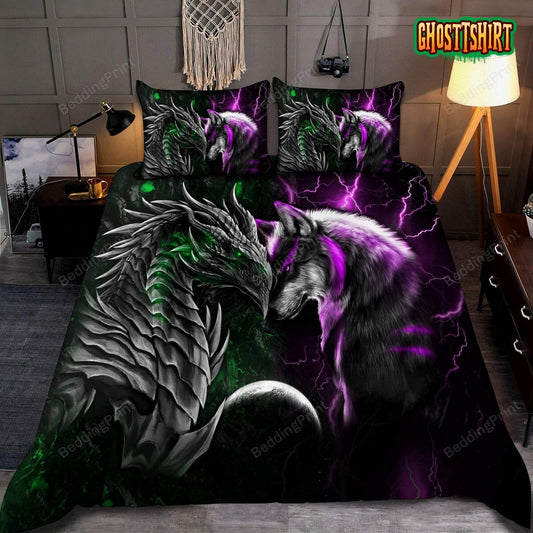 Green And Purple Dragon And Wolf Bed Sheets Spread Duvet Cover Bedding Set