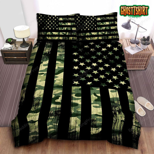 Green Camouflage American Flag Bedding Set