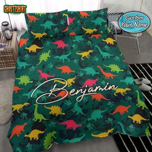 Green Dinosaur Pattern Personalized Custom Name Duvet Cover Bedding Set