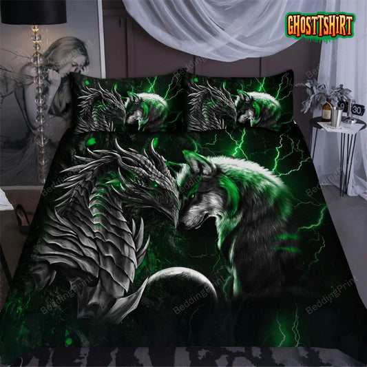 Green Dragon And Wolf Bedding Set