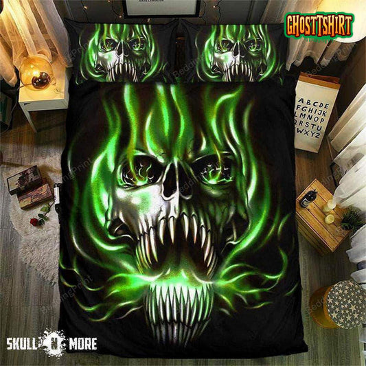 Green Flame Screaming Skull Bedding Set