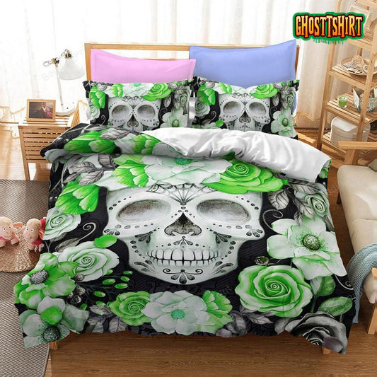 Green Flower Sugar Skull Bed Sheets Duvet Cover Bedding Set
