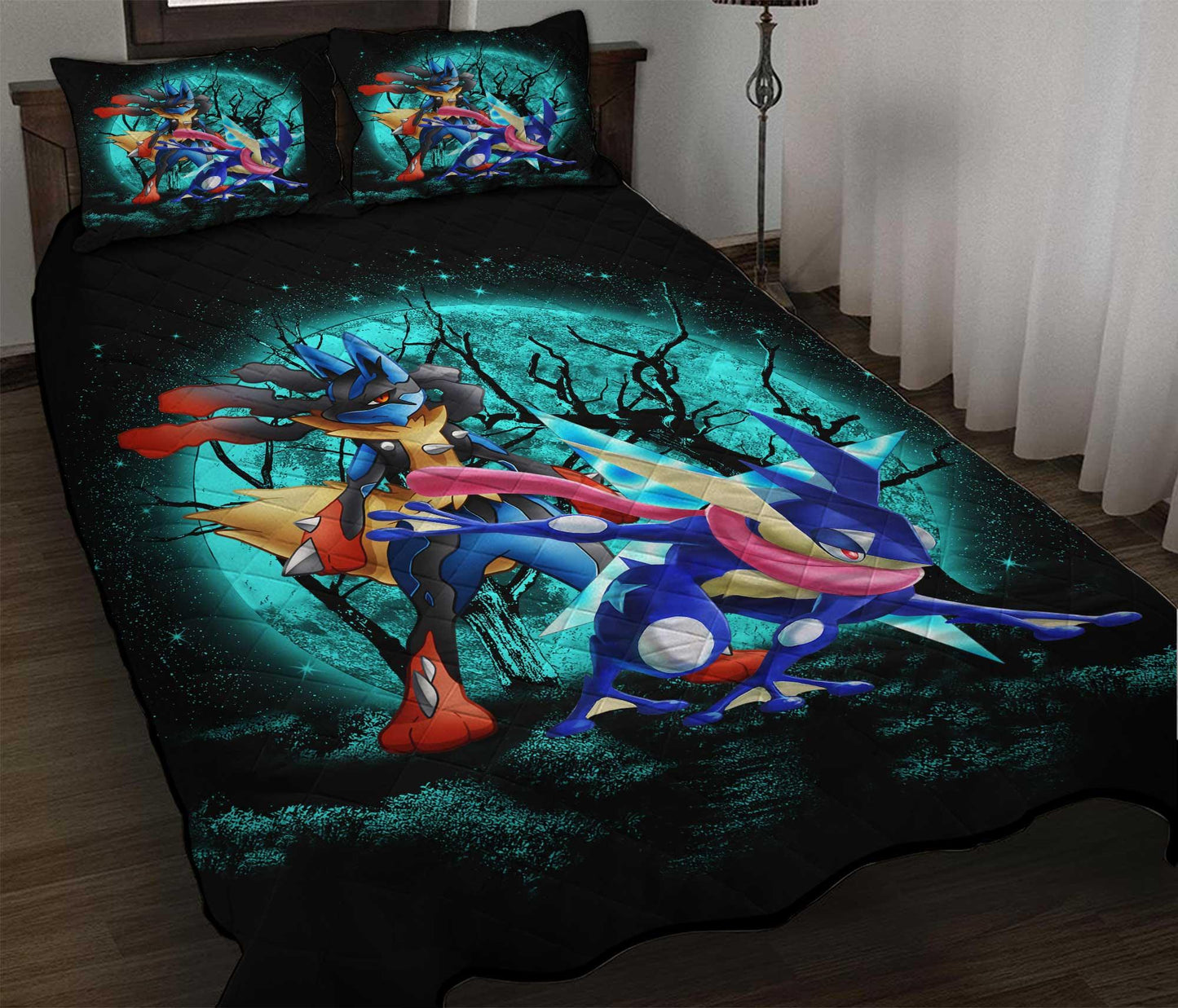 Personalized Halloween  3-pc Quilt Bedding Set – Greninja Satoshi Mega Lucario Funny Moonlight Design