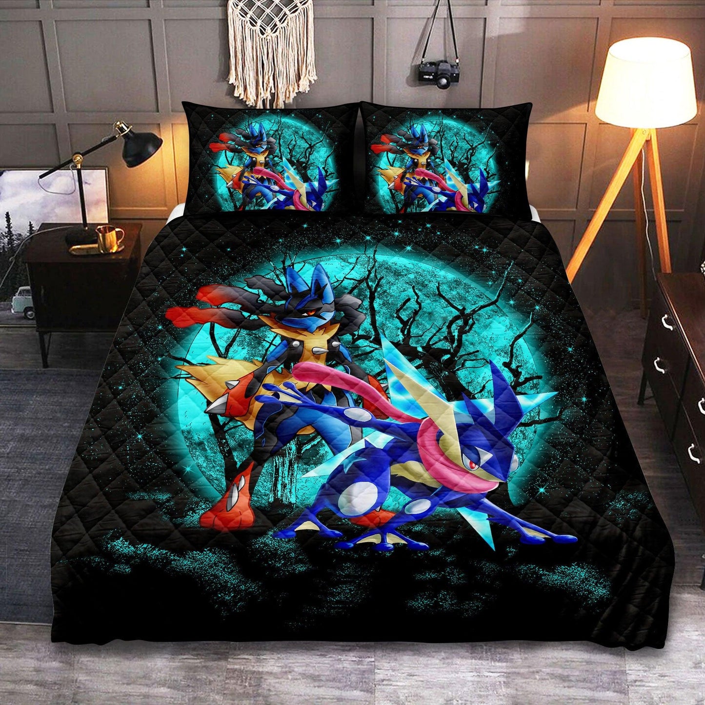 Personalized Halloween  3-pc Quilt Bedding Set – Greninja Satoshi Mega Lucario Funny Moonlight Design