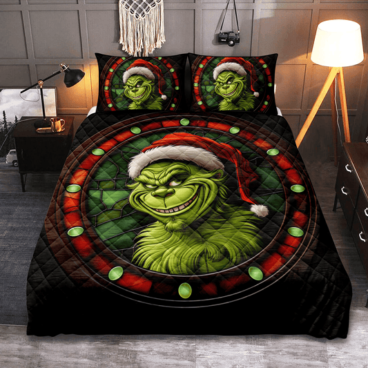 Personalized Grinch Christmas  3-pc Quilt Bedding Set – Stained Glass Design