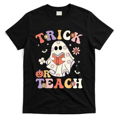 Groovy Teacher Halloween Trick or Teach Retro Floral Ghost T-Shirt