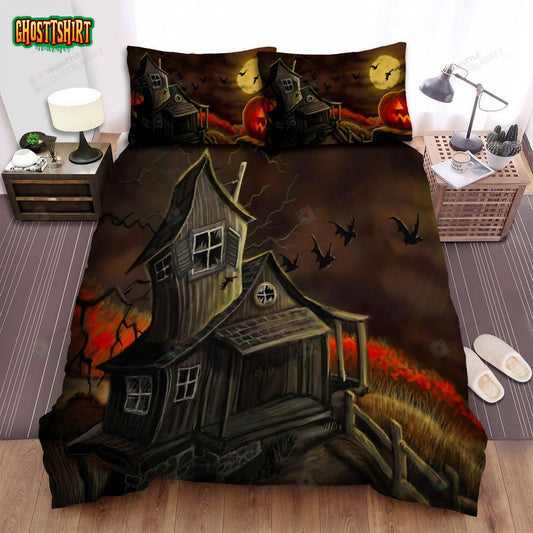 Halloween, Bat, Leaving Abandoned House Bed Sheets Spread Duvet Cover Bedding Set