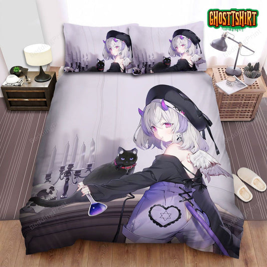 Halloween Black Demon Girl And Black Cat Anime Art Bed Sheets Spread Duvet Cover Bedding Set