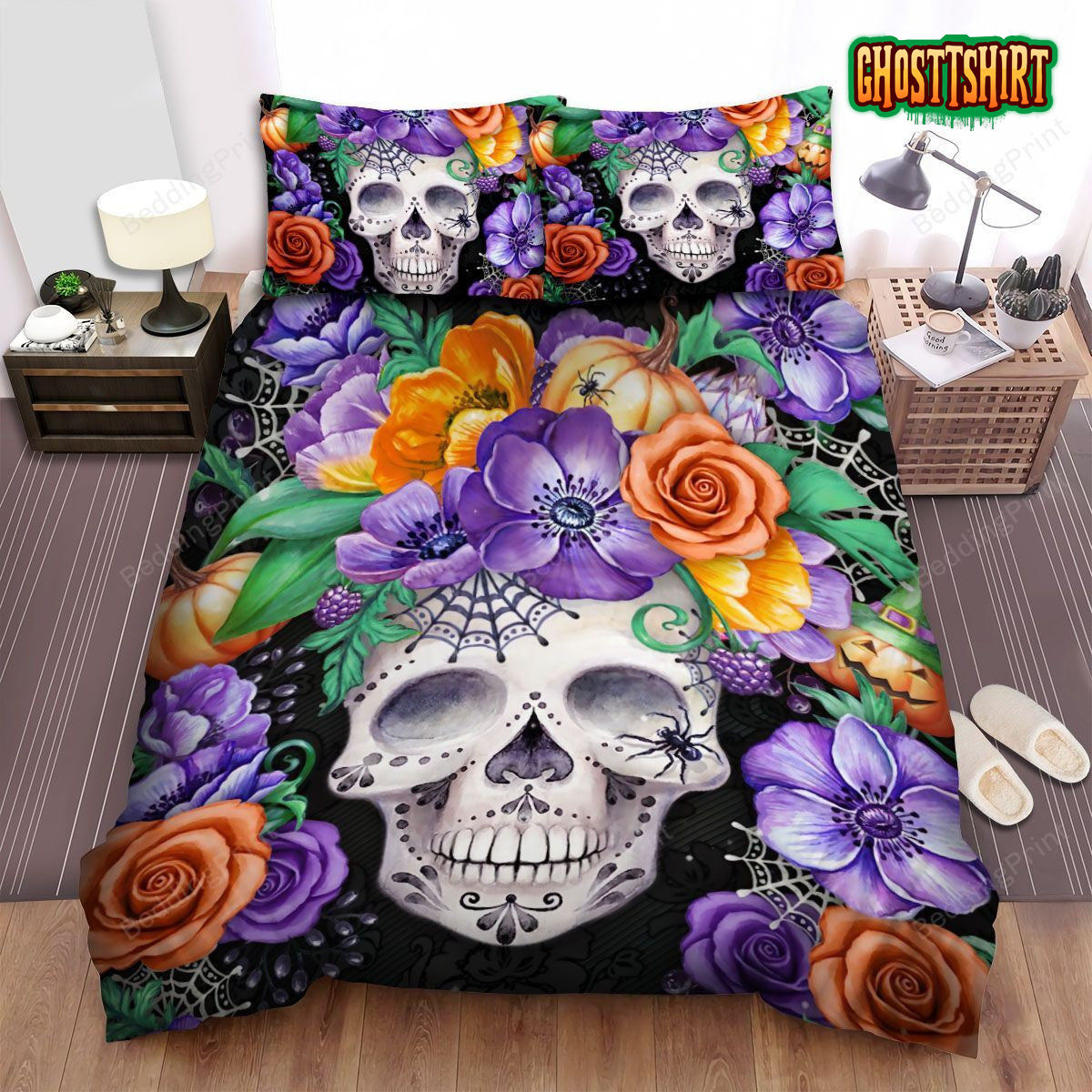Halloween Calavera Skull With Colorful Flowers Bed Sheets Spread Duvet Cover Bedding Set