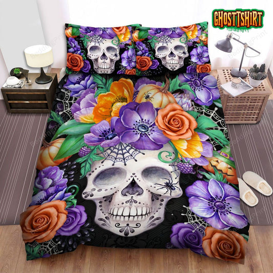 Halloween Calavera Skull With Colorful Flowers Bed Sheets Spread Duvet Cover Bedding Set