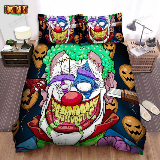 Halloween Cartoon Clown With A Knife Through His Head Bed Sheets Spread Duvet Cover Bedding Set