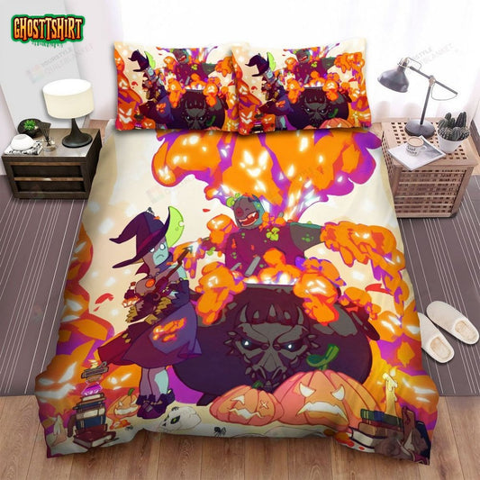 Halloween Cartoon Demon Scaring The Witch Bed Sheets Spread Duvet Cover Bedding Set