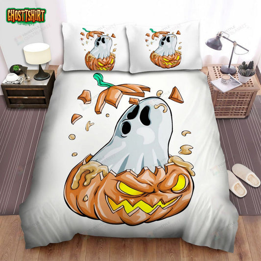 Halloween Cartoon Ghost Inside Jack O Lantern Bed Sheets Spread Duvet Cover Bedding Set