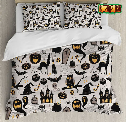 Halloween Cartoon Jack o' Lantern Tombstone Skulls and Bones Bedding Set