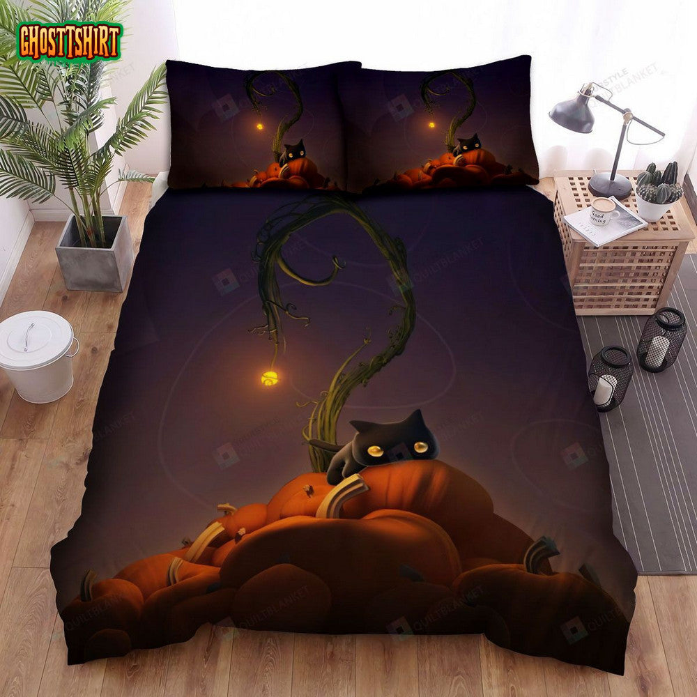 Halloween Cartoon Kitty On Pumpkins Bed Sheets Spread Duvet Cover Bedding Set