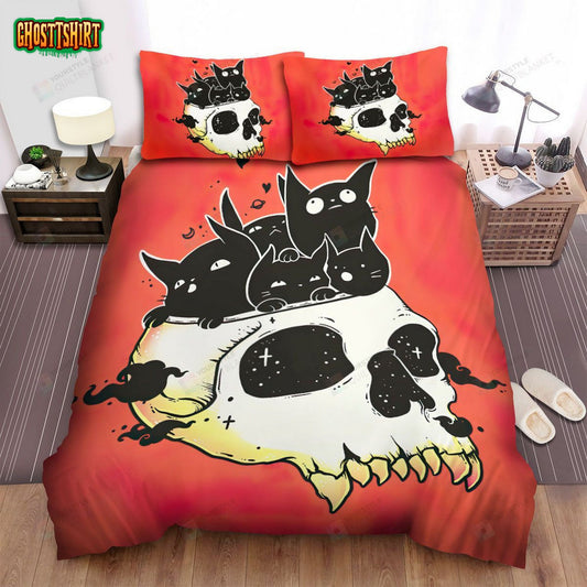 Halloween Cartoon Skull & Adorable Black Cats Bed Sheets Spread Duvet Cover Bedding Set