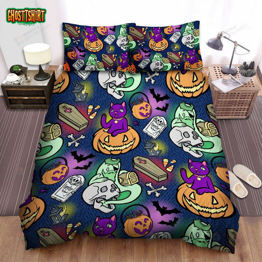 Halloween Cartoon Skull And Things Pattern Bed Sheets Spread Duvet Cover Bedding Set