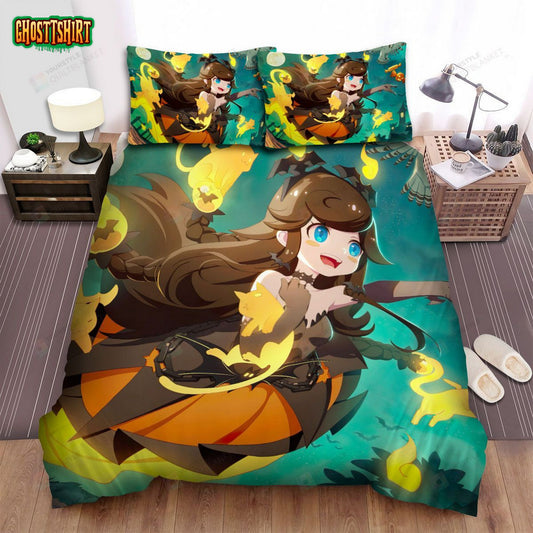 Halloween Cat Spirits Flying With Anime Girl Bed Sheets Spread Duvet Cover Bedding Set