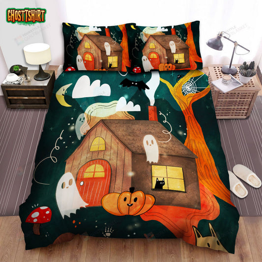 Halloween Characters Happy In Haunted House Bed Sheets Spread Duvet Cover Bedding Set