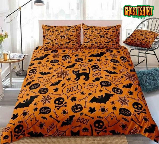 Halloween Cute Skulls Pumpkins Bats Pattern Orange Bed Sheets Duvet Cover Bedding Set