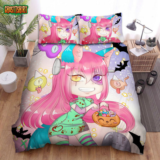 Halloween Frankenstein Girl In Anime Style Bed Sheets Spread Duvet Cover Bedding Set