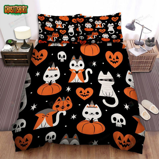 Halloween Funny Cartoon Cat Pattern Bed Sheets Spread Duvet Cover Bedding Set