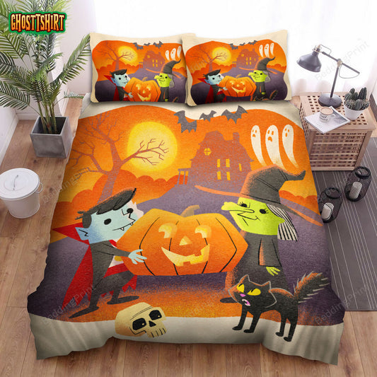 Halloween Goblin And Vampire In Cartoon Bed Sheets Spread Duvet Cover Bedding Set