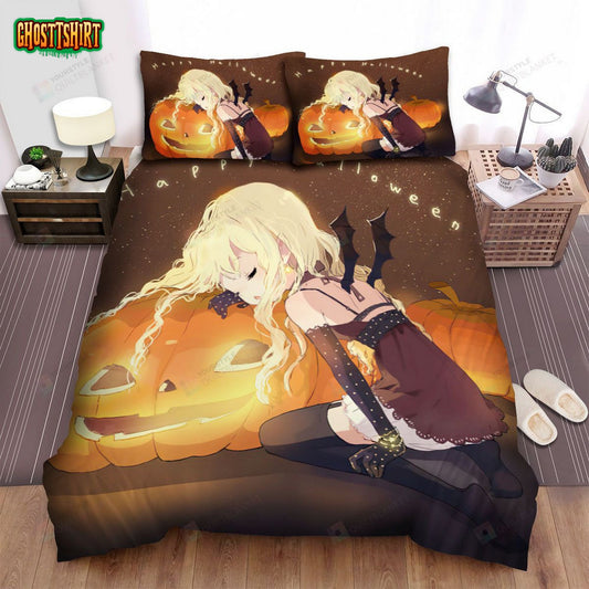 Halloween Jack-O-Lantern With Sleeping Anime Girl Bed Sheets Spread Duvet Cover Bedding Set