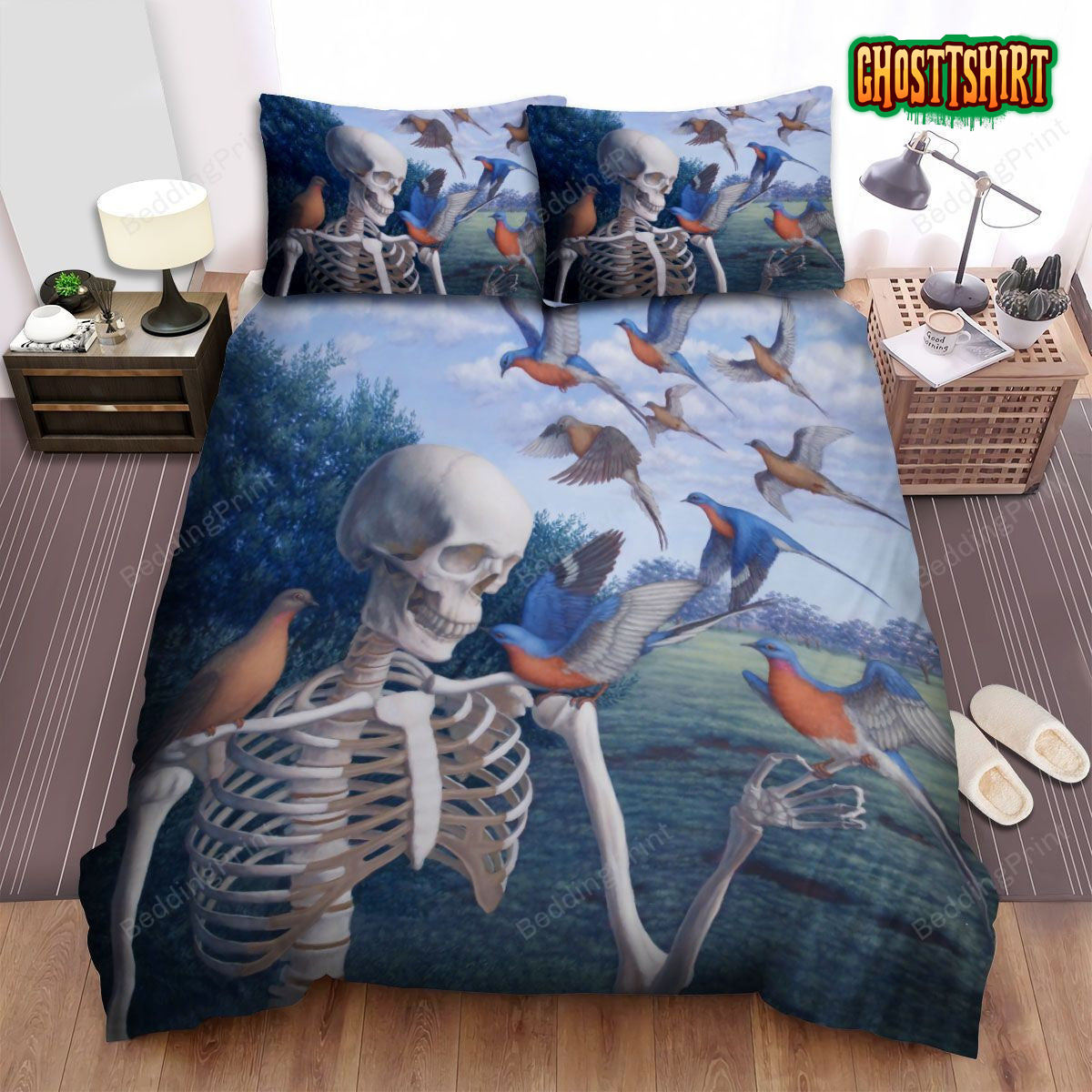 Halloween Skeleton And Birds Artwork Bed Sheets Spread Duvet Cover Bedding Set