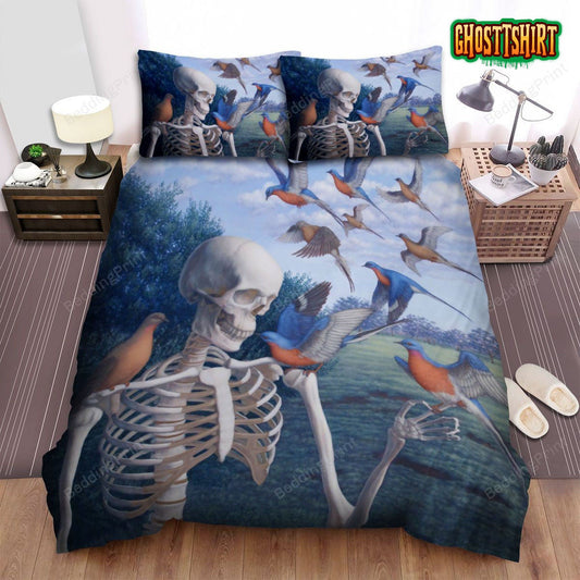 Halloween Skeleton And Birds Artwork Bed Sheets Spread Duvet Cover Bedding Set