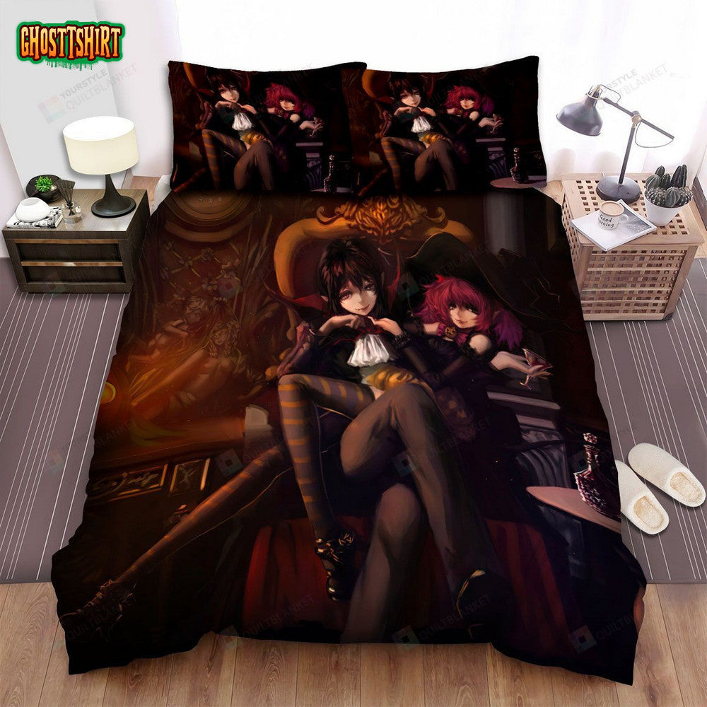 Halloween Vampire And A Witch Anime Art Bed Sheets Spread Duvet Cover Bedding Set
