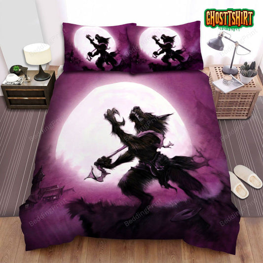 Halloween Werewolf And The Full Moon In Purple Bed Sheets Spread Duvet Cover Bedding Set
