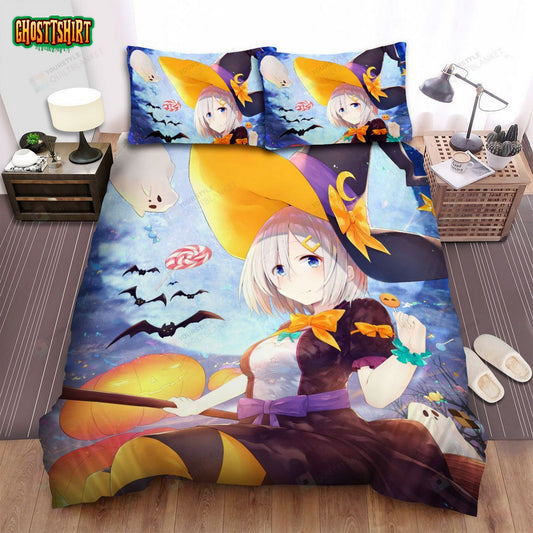 Halloween, Witch, Anime Witch And Broom Bed Sheets Spread Duvet Cover Bedding Set