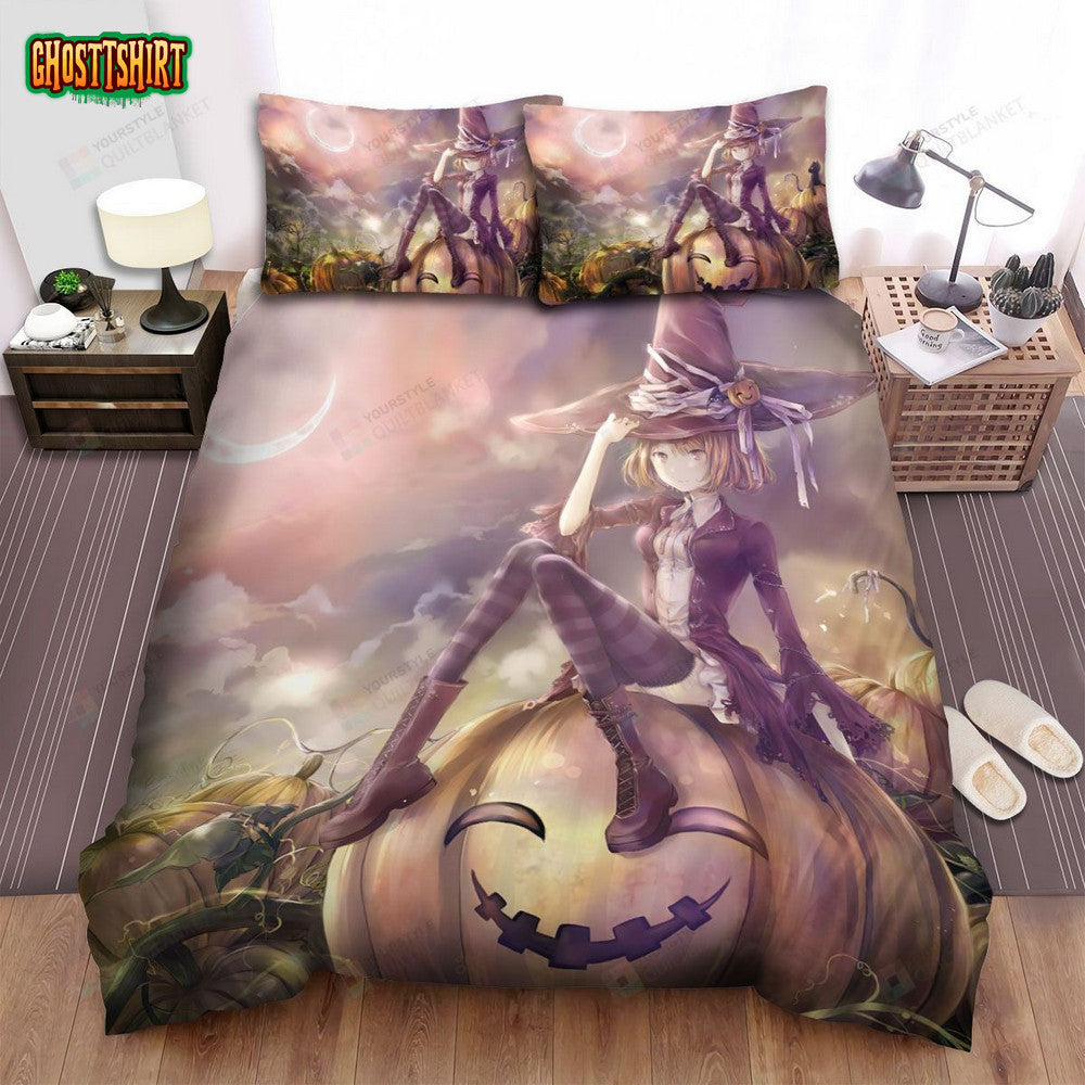 Halloween, Witch, Anime Witch Pumpkin Halloween Bed Sheets Spread Duvet Cover Bedding Set