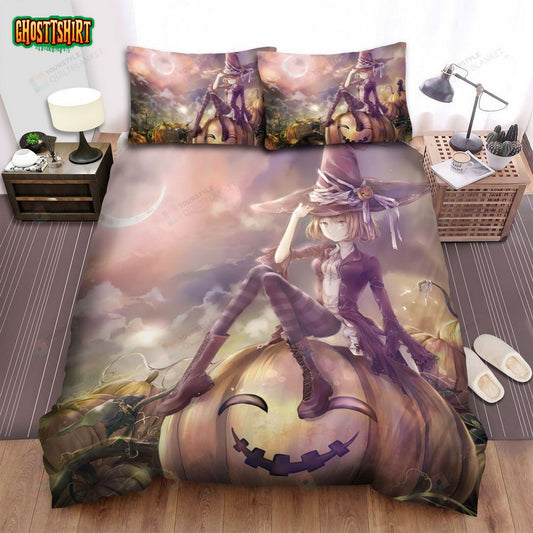 Halloween, Witch, Anime Witch Pumpkin Halloween Bed Sheets Spread Duvet Cover Bedding Set